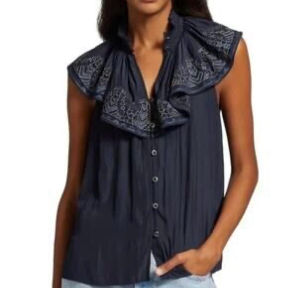 NWT Ramy Brook $345 Navy Ruffled Blouse with Embroidery size XS